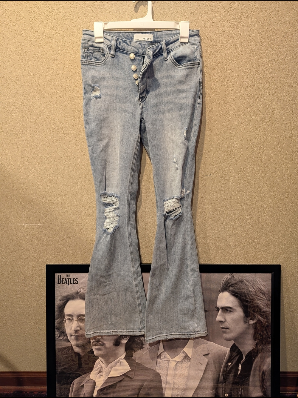 Vervet Brand Vintage-Inspired Light Blue Flare Jeans with Distressed Detail